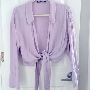 zara, purple button down tie front shirt in size M